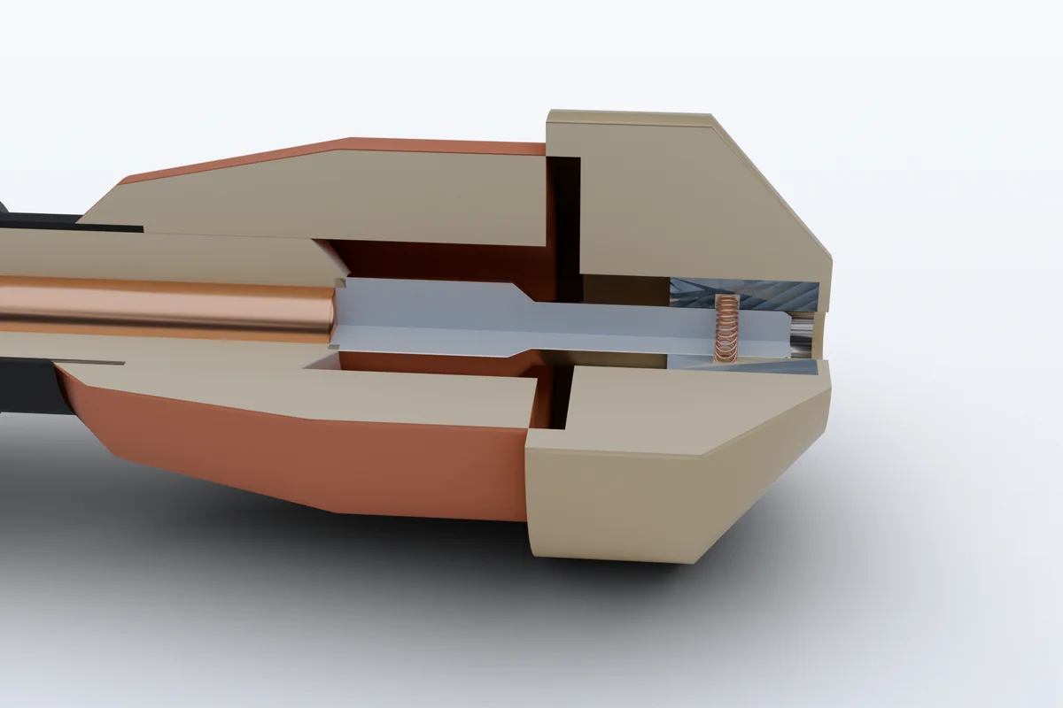 Plug-in cable termination cutaway: conductor, XLPE insulation, stress cone, epoxy bushing and canted spring contact