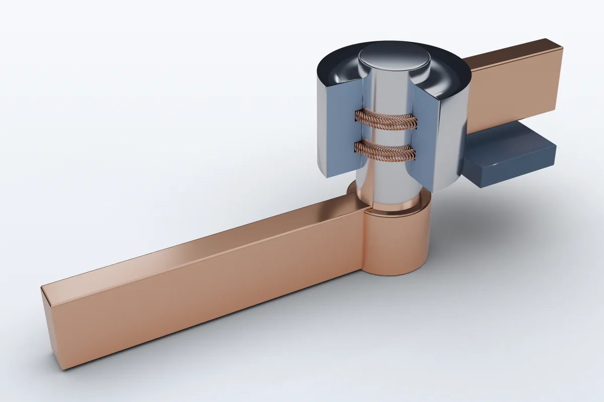 Disconnector hinge joint transferring current through canted spring rings while the contact blade rotates