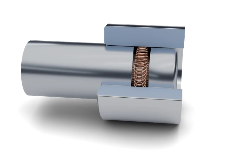 Cutaway of a piston-mounted canted spring seated in a groove on the pin, contacting the surrounding bore