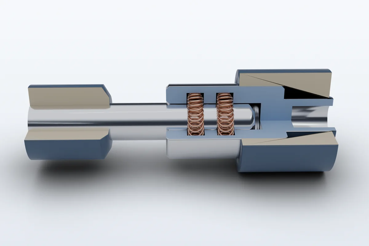 Quarter-section of a pin and socket connector with two canted spring contact rings providing multi-point current transfer