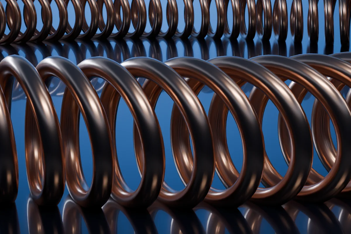 Close-up of the inclined coils on a canted spring ring, where each coil acts as an individual contact point