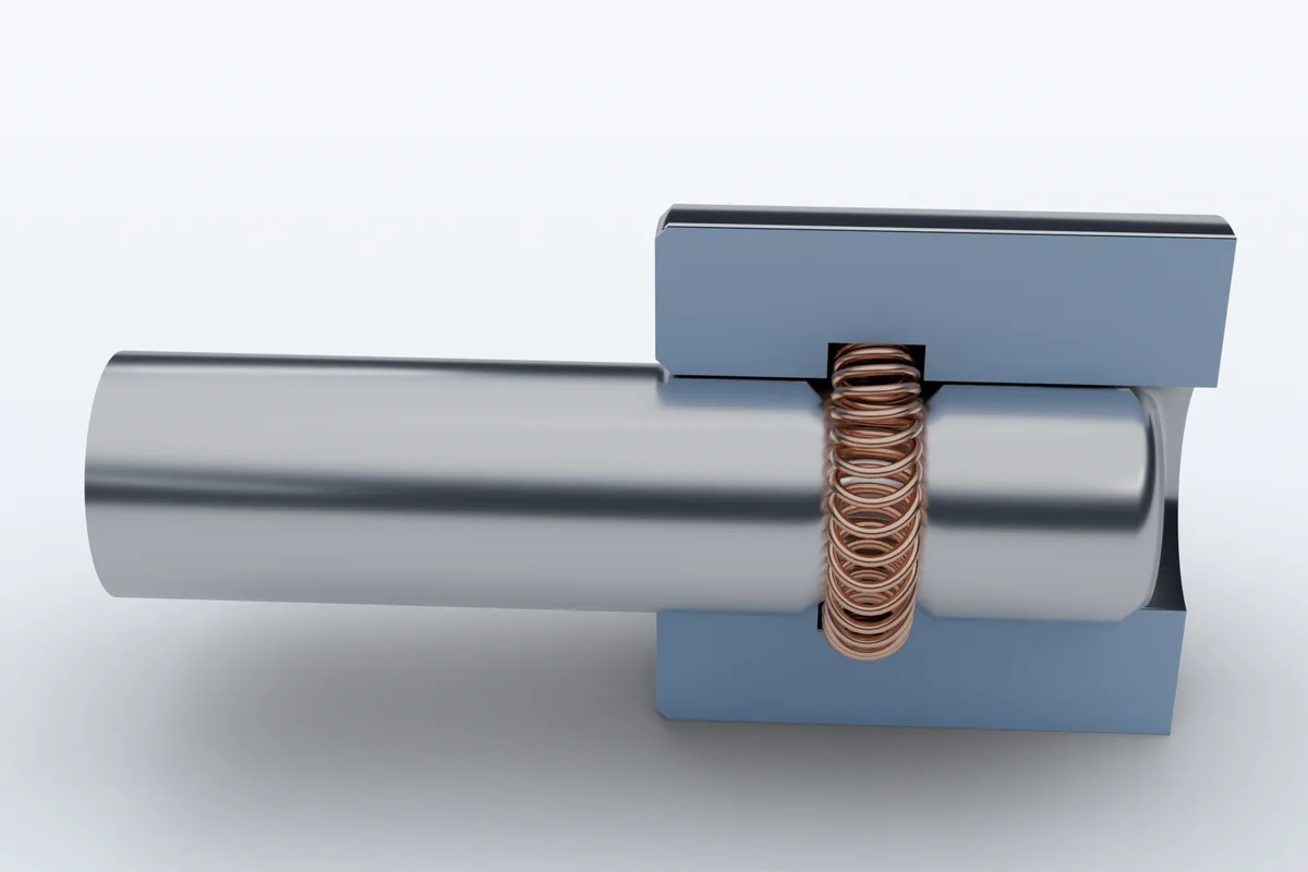 Half-section of a latching interface: canted spring seated in matching housing and pin grooves for controlled retention